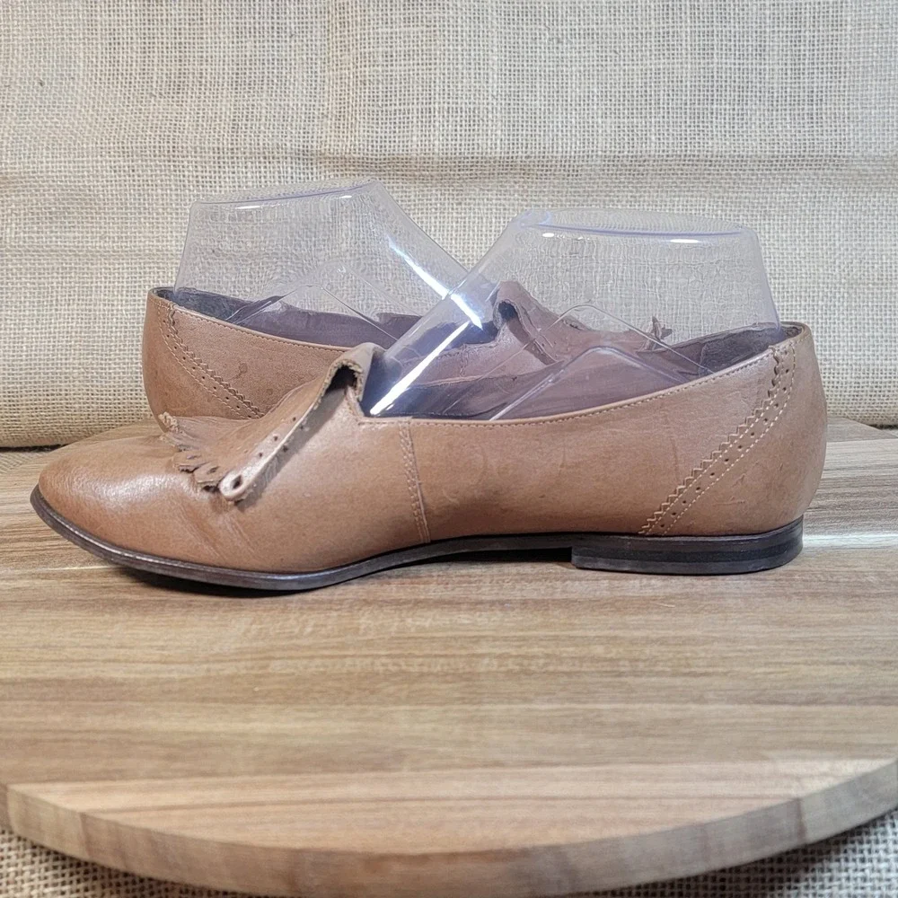 9 West Women's Loafers Brown‎ Leather Slip On Flats Fringe Detail Size 7 M